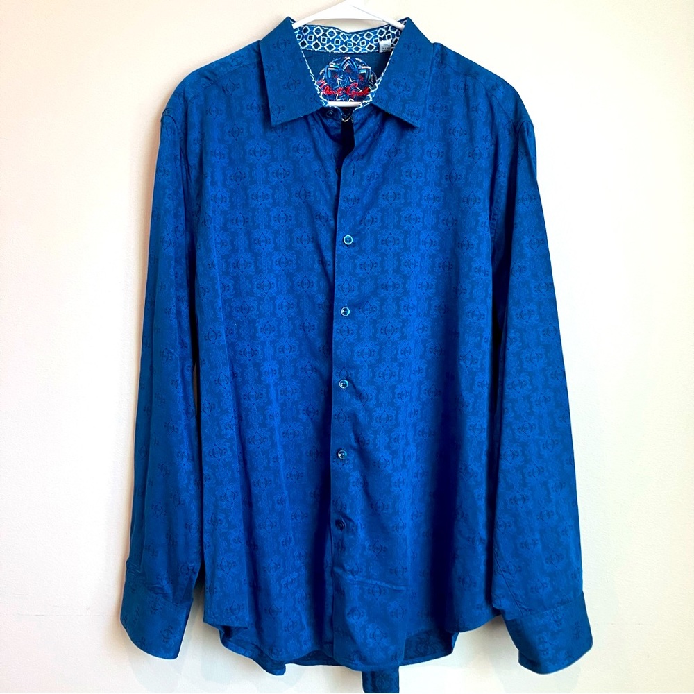 Robert Graham Mens Button Flip Cuff Long Sleeve Ocean Blue Jacquard 2XL/2TG